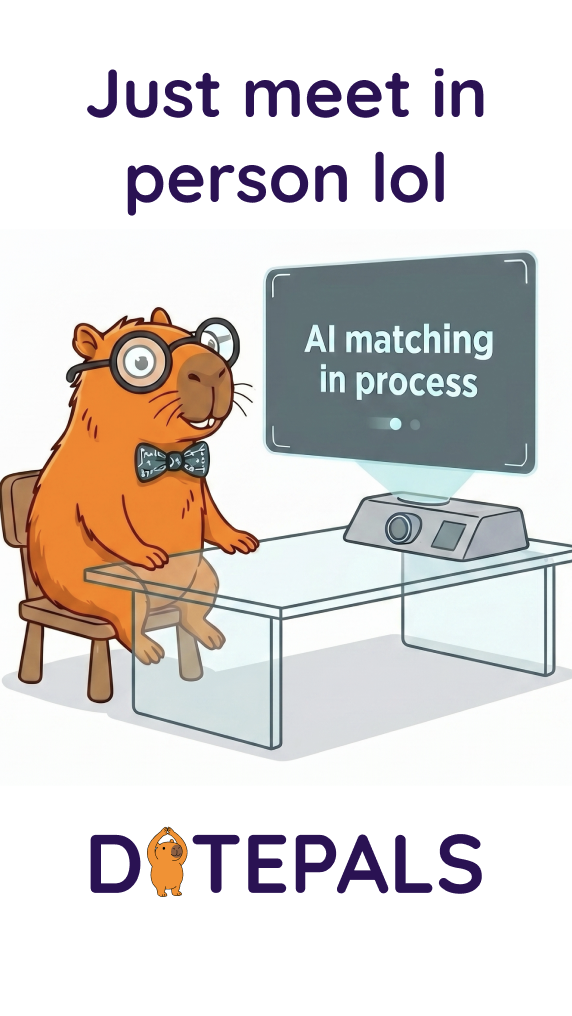 Cartoon of a capybara in glasses waiting at a desk in front of a screen reading “AI matching in process”, titled “Just meet in person lol”
